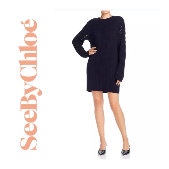 See By Chloe Dresses & Skirts - NWT SEE BY CHLOE Trimmed Ribbed-Knit Dress in
Navy Size Medium